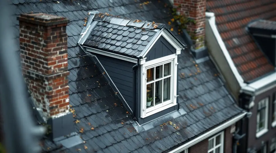 Steil leien dak van een oud Nederlands herenhuis met een dakkapel met witte kozijnen en een gemetselde schoorsteen
