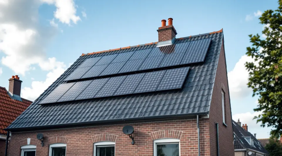 Rijtjeshuis met een vernieuwd dak van antraciet dakpannen en een strak veld zwarte zonnepanelen