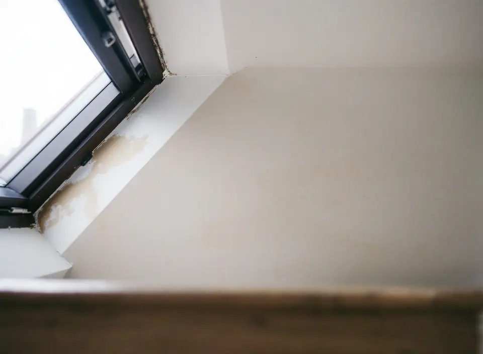 Schuin plafond op een slaapkamer onder het dak met een bruine vochtvlek en bladderende verf naast het dakraam